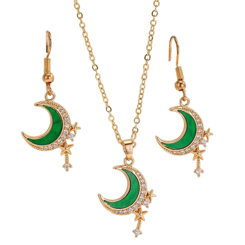 Minimalist Zircon-Inlaid Star And Moon Necklace And Earrings Set