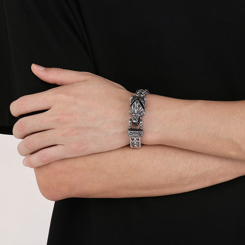 Viking Vintage Wolf Head Snake Head Titanium Steel Bracelet