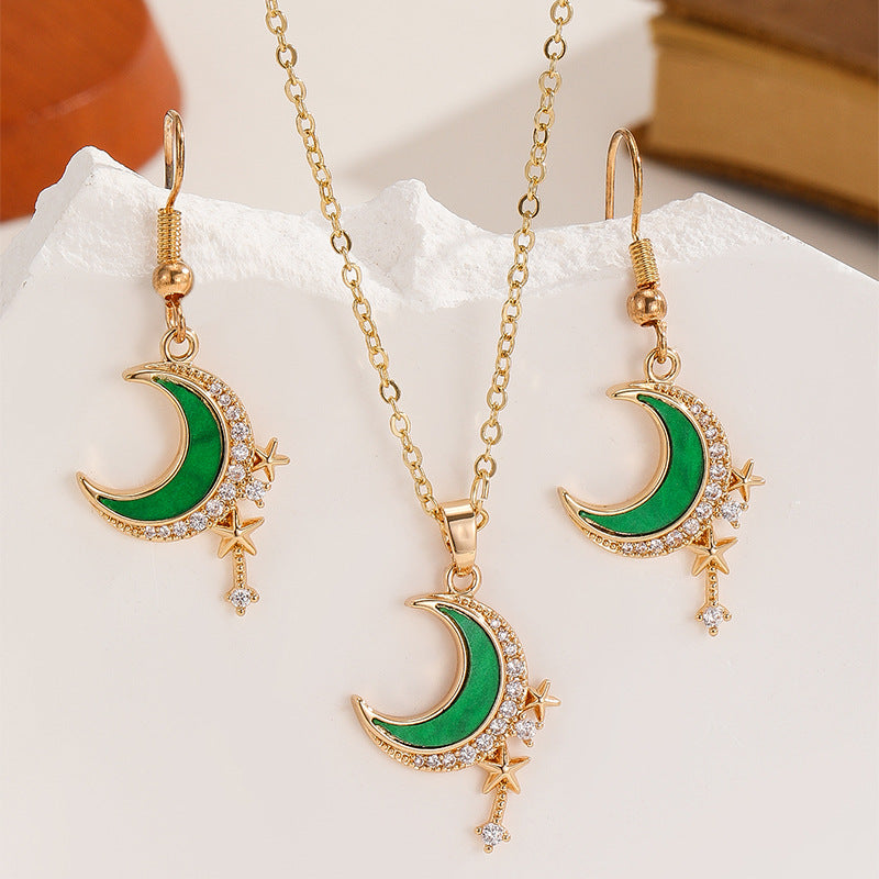 Minimalist Zircon-Inlaid Star And Moon Necklace And Earrings Set