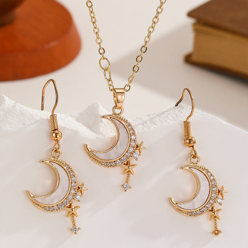 Minimalist Zircon-Inlaid Star And Moon Necklace And Earrings Set