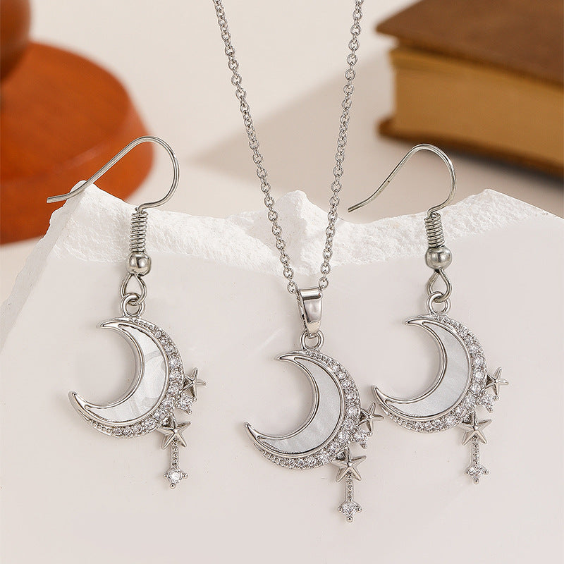 Minimalist Zircon-Inlaid Star And Moon Necklace And Earrings Set